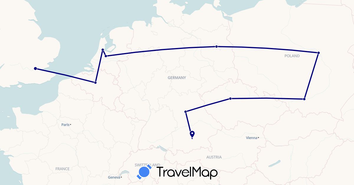 TravelMap itinerary: driving in Belgium, Czech Republic, Germany, United Kingdom, Netherlands, Poland (Europe)